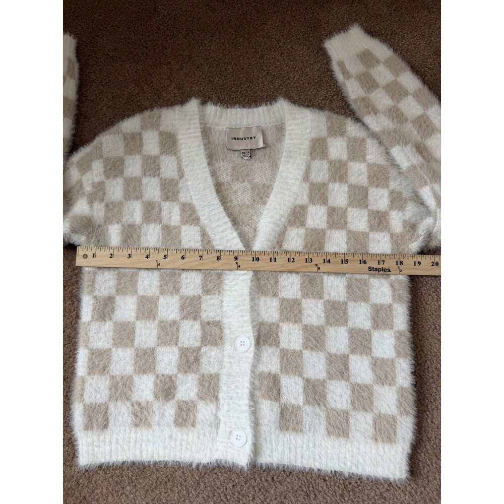 Industry Cardigan XS Cream Beige Checkered Fuzzy Cropped Button Front Sweater - Picture 9 of 13
